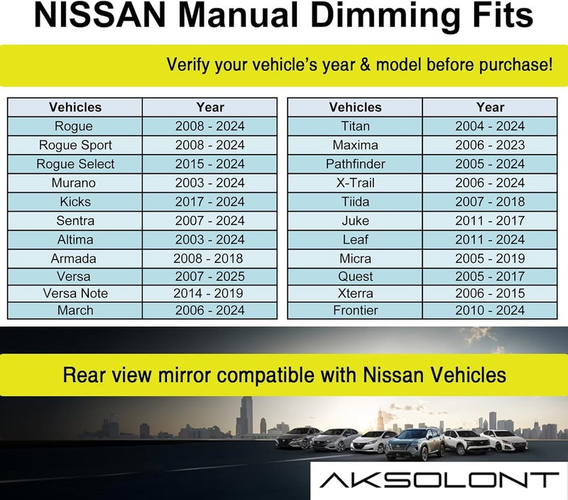 AKSOLONT مرآة الرؤية الخلفية OEM نيسان، مرآة الرؤية الخلفية الداخلية نهار وليل متوافقة مع نيسان سنترا، تيتان، روج، ألتيما، مورانو، كيكز، أرمادا، فيرسا، مارش، إكستيرا، نافارا، فرونتير 2008+ وحامل التركيب - Image 3